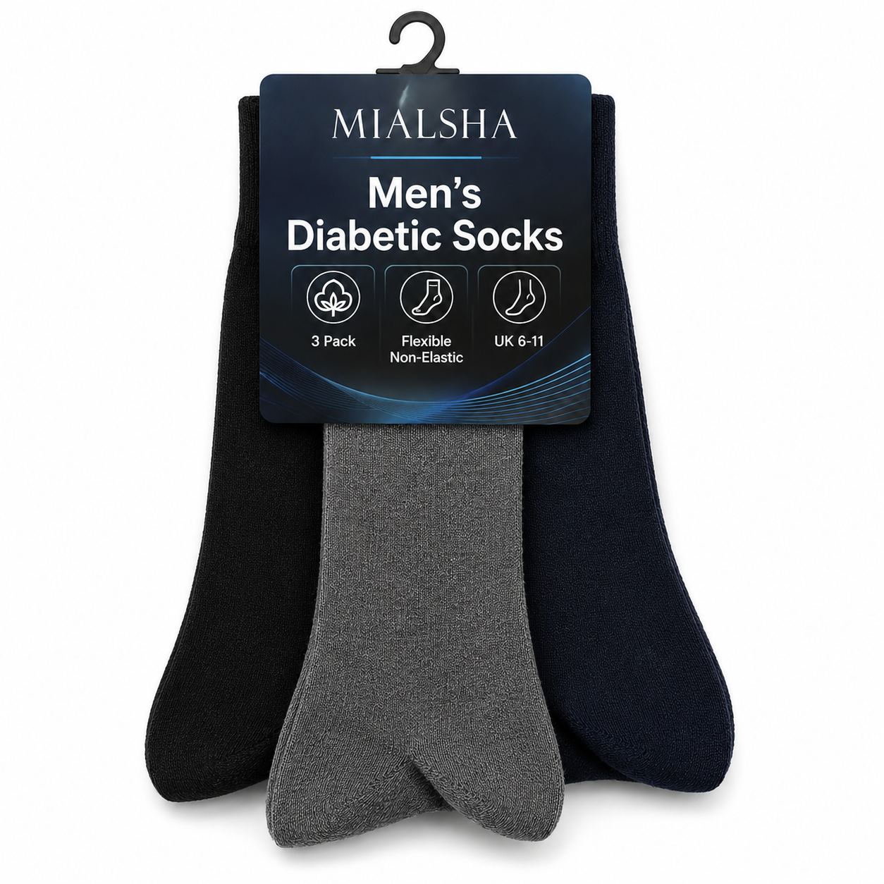 Mialsha 3 Pack Men's Diabetic Socks – Extra Wide Non Elastic Loose Soft Grip Cotton Blend UK 6-11
