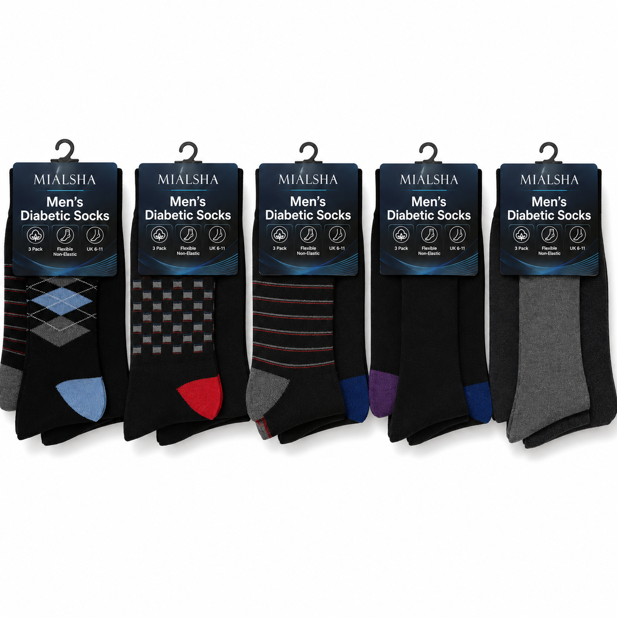 Mialsha 3 Pack Men's Diabetic Socks – Extra Wide Non Elastic Loose Soft Grip Cotton Blend UK 6-11